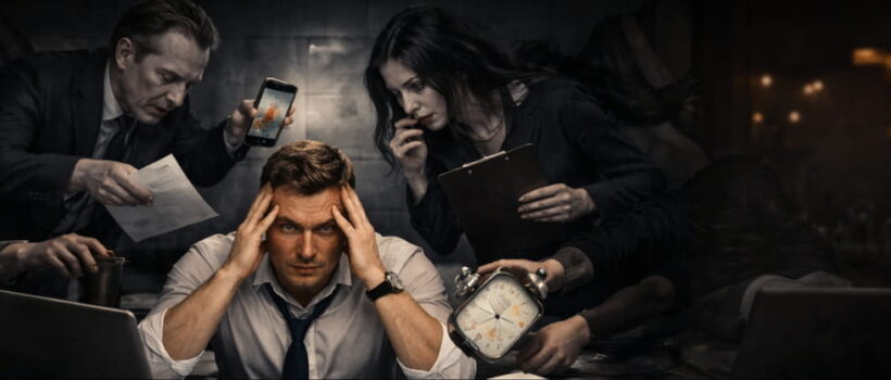 Kimerült, stresszes férfi vezető az asztalánál, akit a csapata követelésekkel és időrabló feladatokkal áraszt el.