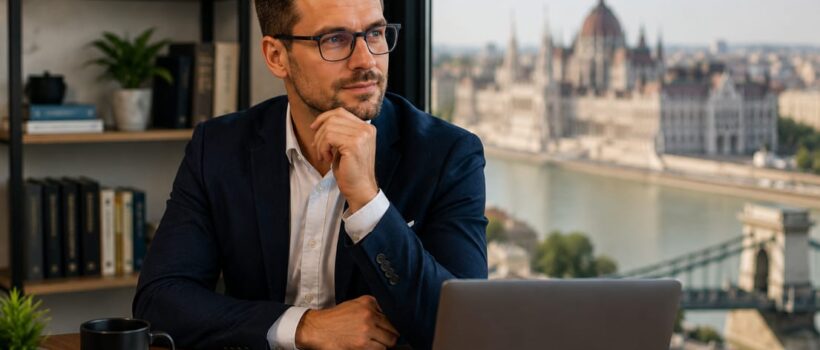 Gondolkodó cégvezető dolgozik modern irodában budapesti háttérrel és kilátással a Parlamentre.